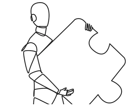 Un robot, symbolisant une IA, porte une pièce de puzzle.